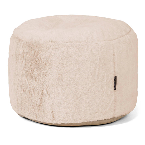 Kleiner runder Fußhocker - Kaninchen Kunstfell Weiß 01
