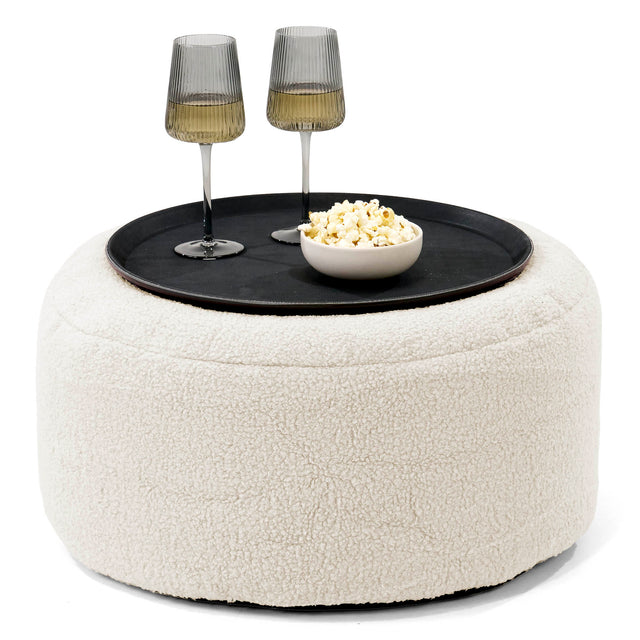 Sitzhocker mit Tablett - Bouclé Elfenbein 01