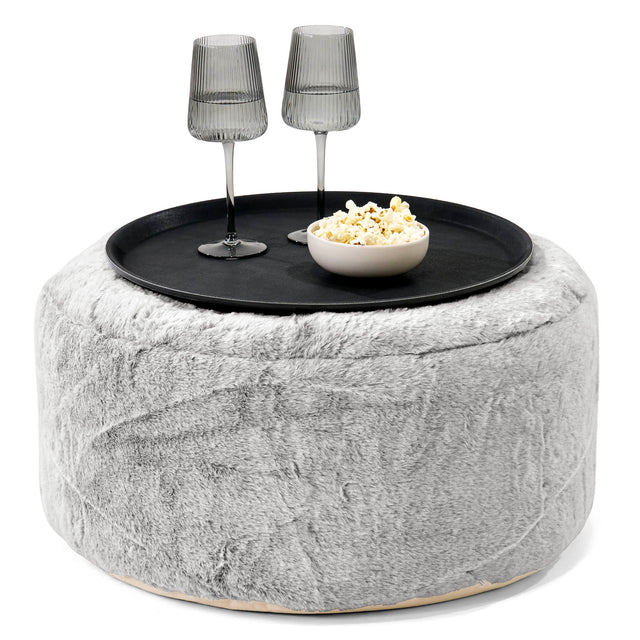 Sitzhocker mit Tablett - Kaninchen Kunstfell Hellgrau 01