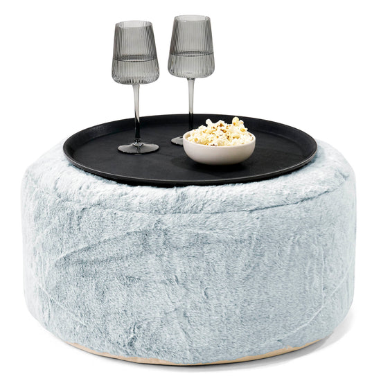 Sitzhocker mit Tablett - Kaninchen Kunstfell Pastellblau 01