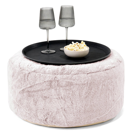 Sitzhocker mit Tablett - Kaninchen Kunstfell Pastellrosa 01