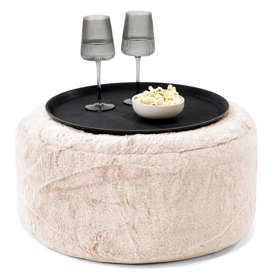 Sitzhocker mit Tablett - Kaninchen Kunstfell Weiß 01