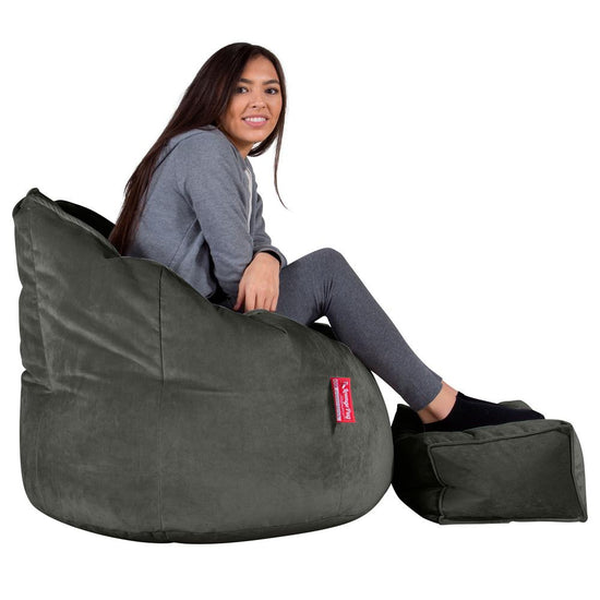 LOUNGE PUG, Sitzsack Kuschel Lounge Sessel, Schlafsofa, Samt Schiefergrau