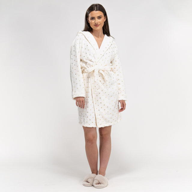 Damen Fleece-Bademantel mit Sternendruck in Creme und Gold 01