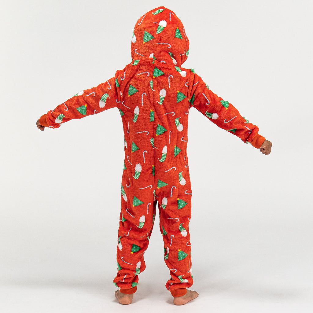 Roter Fleece Onesie für Kinder mit Weihnachtsmotiv 05