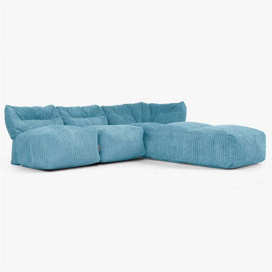 3-Sitzer Modulares Sofa-Set mit Récamiere rechts, ohne Armlehnen - Cord Türkis 02