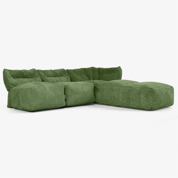 3-Sitzer Modulares Sofa-Set mit Récamiere rechts, ohne Armlehnen - Cord Nadelwaldgrün 01