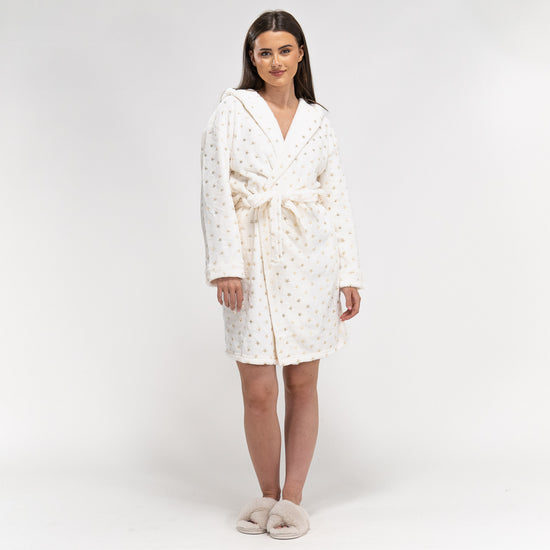 Damen Fleece-Bademantel mit Sternendruck in Creme und Gold 01