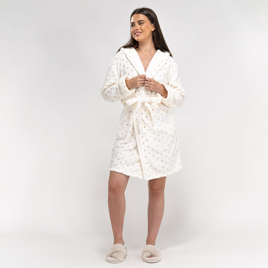 Damen Fleece-Bademantel mit Sternendruck in Creme und Gold 04
