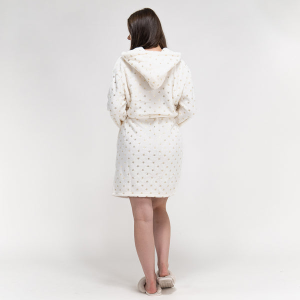 Damen Fleece-Bademantel mit Sternendruck in Creme und Gold Fabric Close-up Image