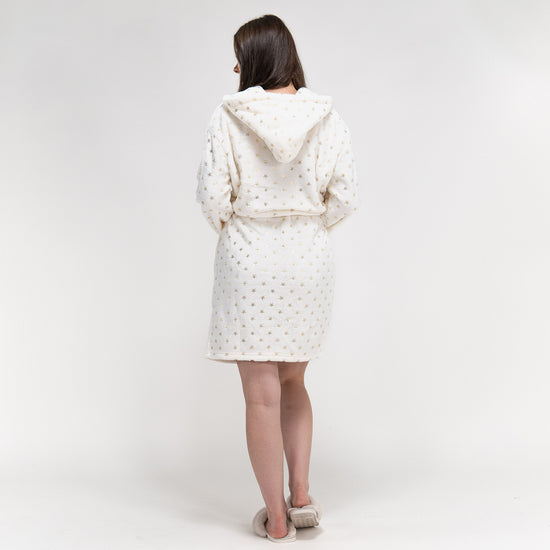 Damen Fleece-Bademantel mit Sternendruck in Creme und Gold 06