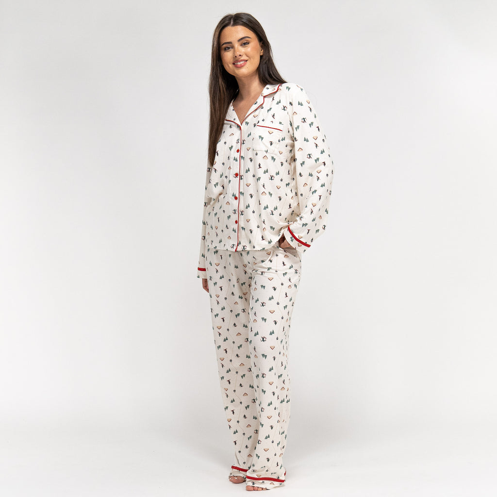 Damen Jersey Pyjamas mit Weihnachts-Skimotiv 02