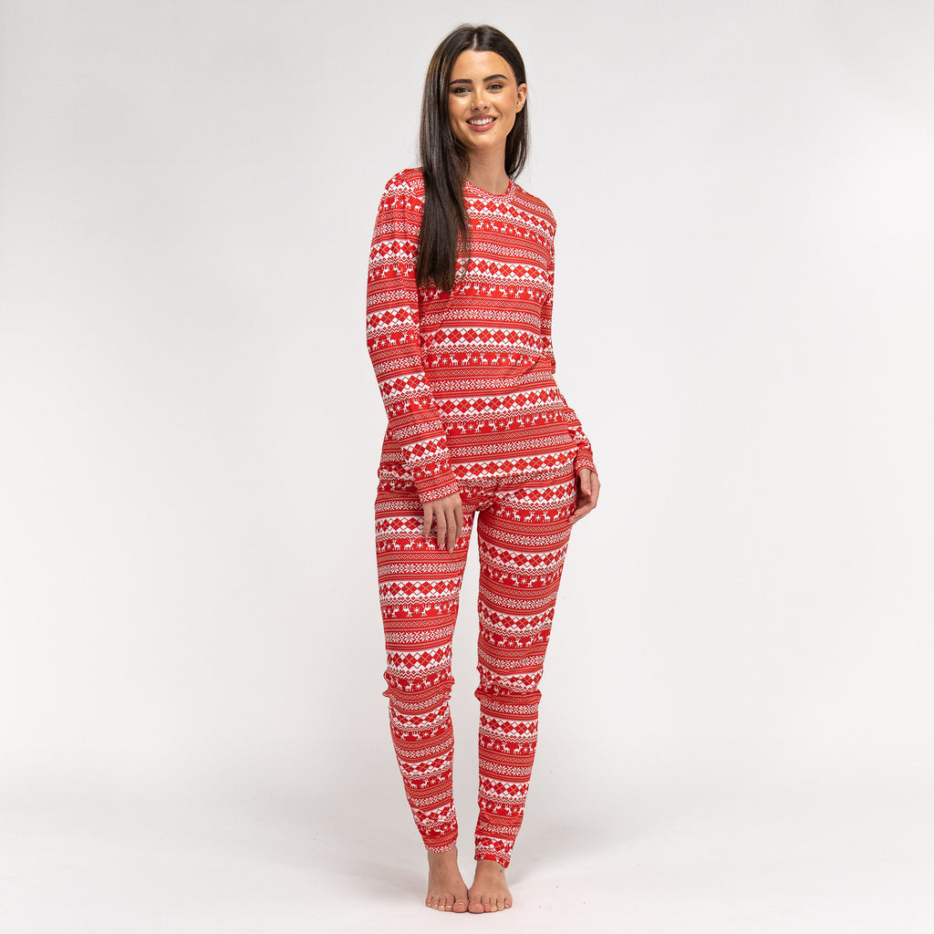 Damen Jersey Pyjamas mit Weihnachtsmotiv in Rot 01