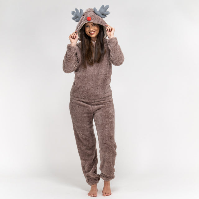 Damen Rentier Fleece-Onesie, 2 Teilig 01