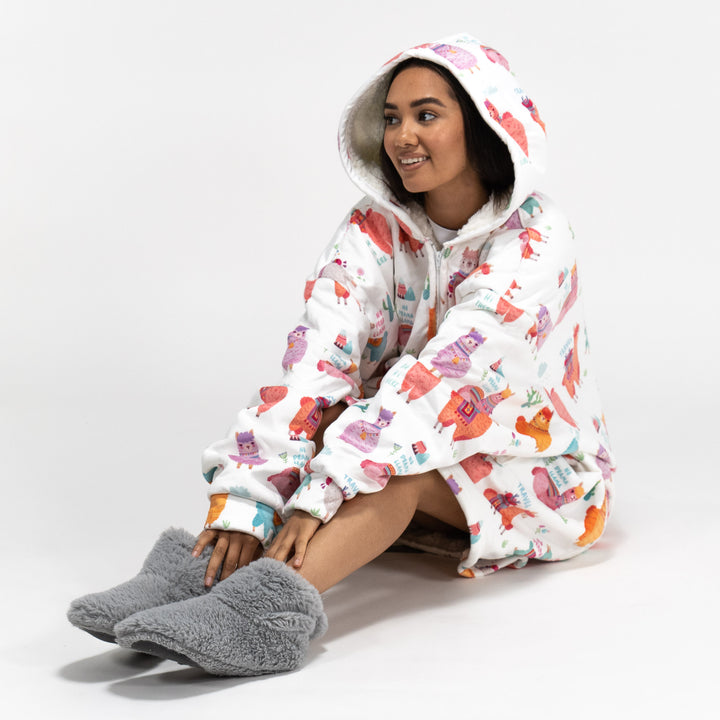Hoodie Decke mit Reißverschluss für Erwachsene - Fleece Lama 04