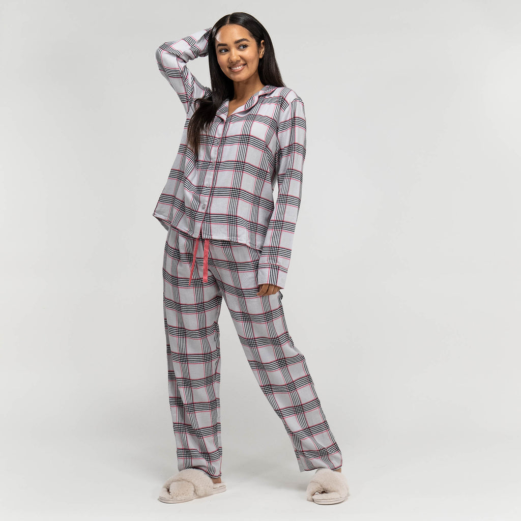 Rosa karierter Baumwoll-Pyjama für Damen 01