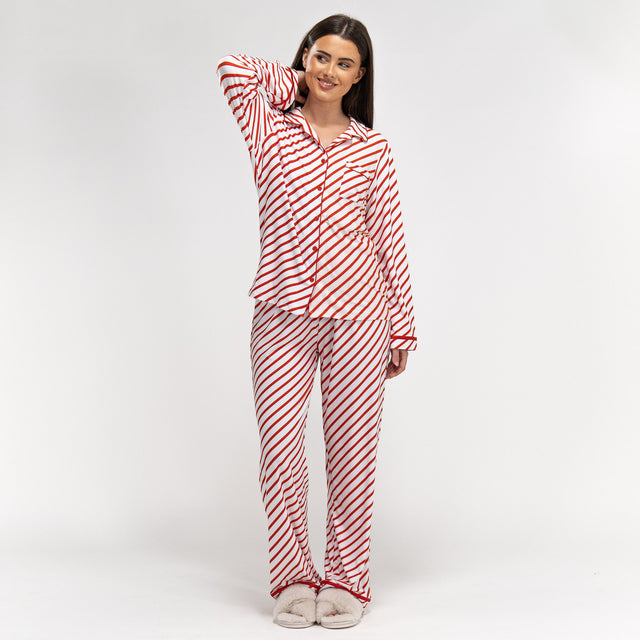Rot gestreifte Damen Pyjamas mit Zuckerstangenmotiv 01