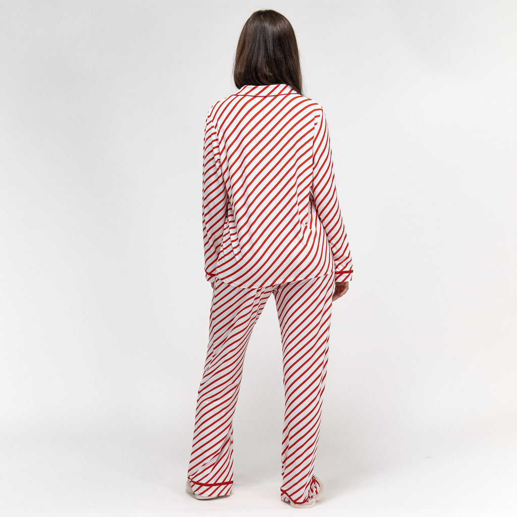 Rot gestreifte Damen Pyjamas mit Zuckerstangenmotiv 05